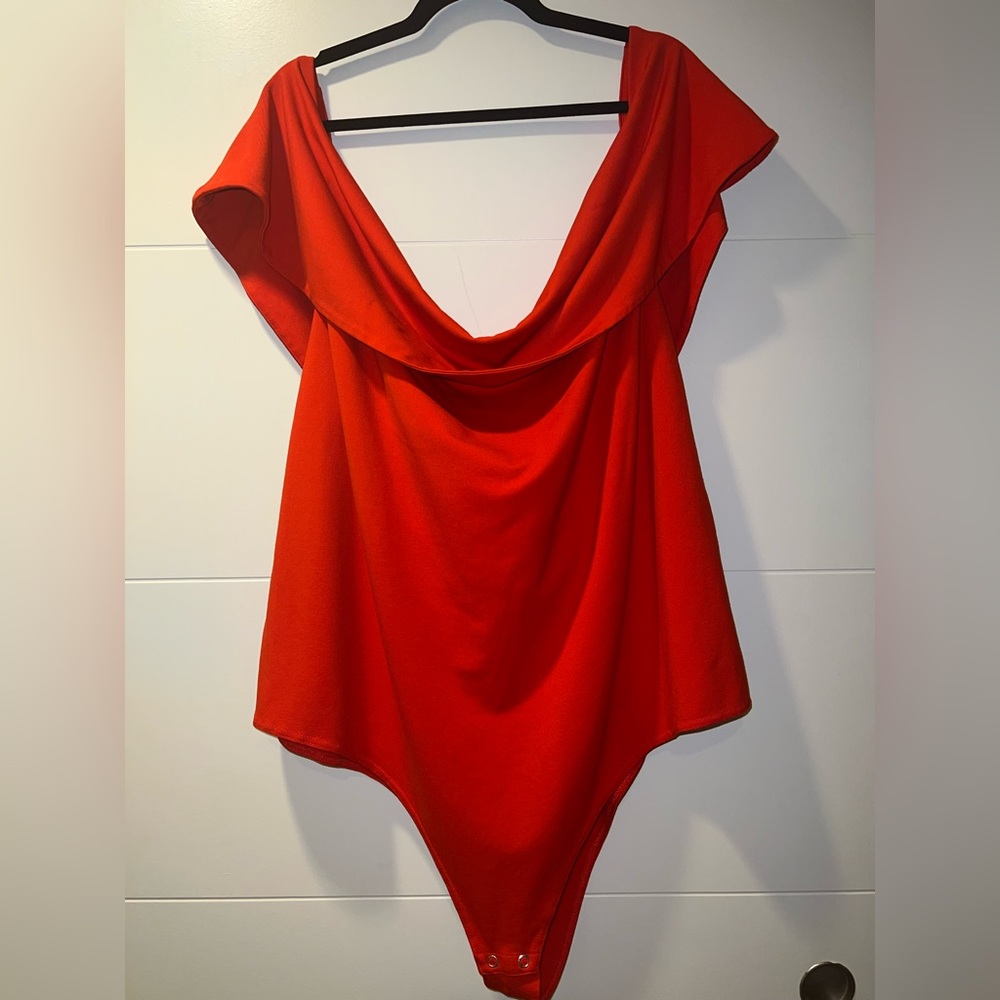 Premme Alexa Bodysuit- Off Shoulder, Criss-Cross Back - 3-4X - Red/Blood Orange